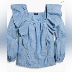 J crew factory denim Chambray squareneck ruffle top in‎ vista blue wash size XS